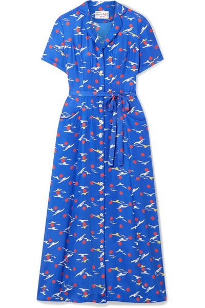 Hvn Long Maria Printed Silk Crepe De Chine Midi Dress In Blue | ModeSens