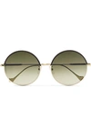 LOEWE ROUND-FRAME LEATHER-TRIMMED GOLD-TONE SUNGLASSES