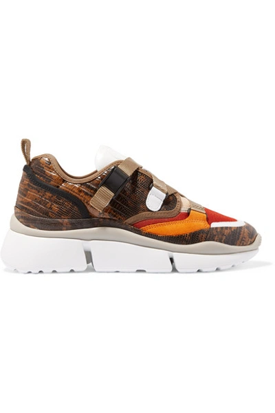 Chloé Sonnie Canvas, Mesh, Suede And Snake-effect Leather Trainers In Chestnut Brown