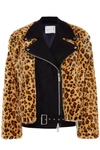 SACAI WOOL AND LEOPARD-PRINT FAUX FUR BIKER JACKET