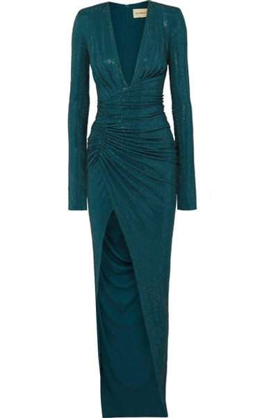 Alexandre Vauthier Crystal-embellished Ruched Stretch-crepe Gown In Petrol