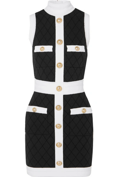 Balmain Two-tone Button-embellished Stretch-knit Mini Dress In Black/white