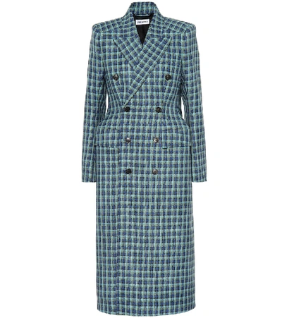 Balenciaga Hourglass Double-breasted Checked Wool Coat In Blue