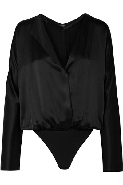 Alix Calder Wrap-effect Silk-charmeuse And Stretch-jersey Thong Bodysuit In Black