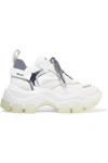 Prada Pegasus Metallic-paneled Leather And Canvas Sneakers In White
