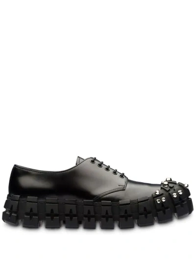 Prada Studded Cleated-sole Brushed-leather Trainers In Black