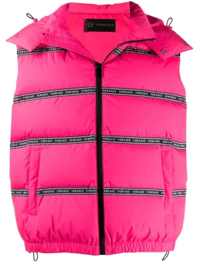 Versace Puffer Logo Tape Gilet Jacket In Pink