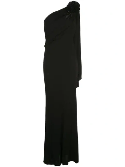 Badgley Mischka Grecian One-shoulder Column Gown In Black