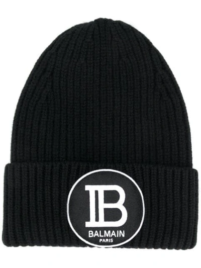Balmain Logo Patch Wool Beanie In Black