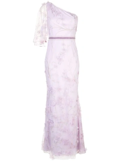 Marchesa Notte One Shoulder Embroidered Tulle Mermaid Gown In Purple