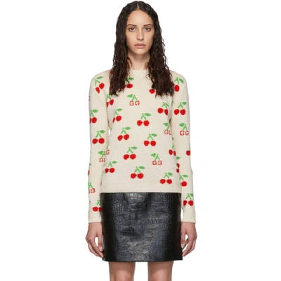 Gucci Gg & Cherry Intarsia Wool Knit Jumper In 9376 White
