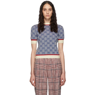 Gucci Gg Logo-jacquard Wool-blend Knitted Top In Blue