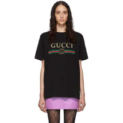 Gucci 黑色徽标花卉大廓形 T 恤 In Black