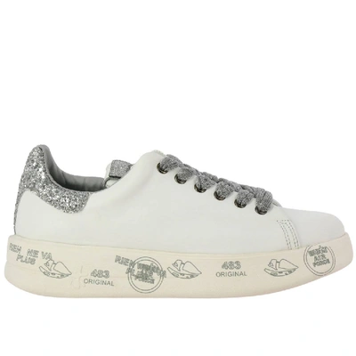 Premiata Trainers In Leather With Maxi Platform Sole, Multi Prints And Glitter Details In White