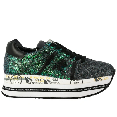 Premiata Sneakers In Glitter Leather With Maxi Platform Sole In Black