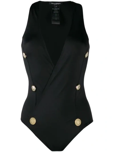 Balmain Decorative Buttons Wrap Swimsuit In Black