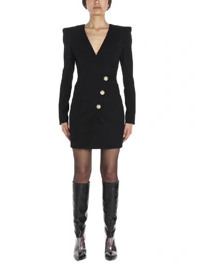 Balmain Button-embellished Wool Mini Wrap Dress In Black