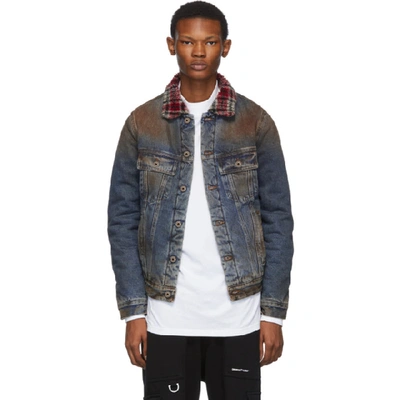 Off-white Men's Dirty Jean Jacket W/ Plaid Faux Shearling In Denim