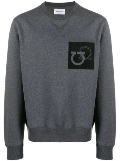 Ferragamo Crew Neck Sweatshirt With Gancini Logo In Grey