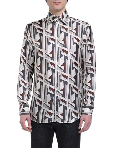 Fendi Men's Futuristic Ff Long-sleeve Silk Shirt In Brown Pattern