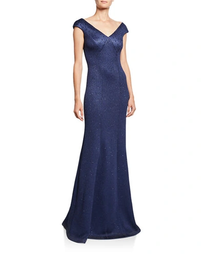 St John Sequin Birdseye Knit V-neck Sleeveless Gown In Blue