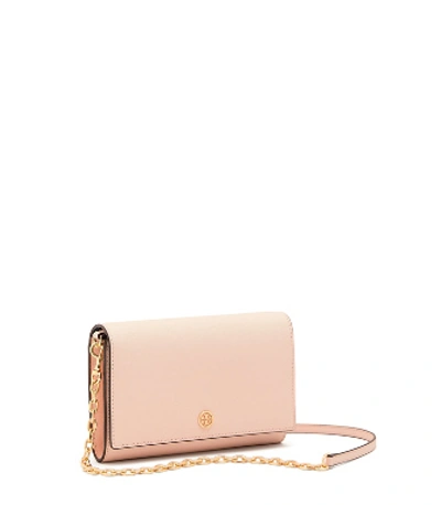 Tory Burch Robinson Chain Wallet In Pale Apricot / Royal Navy