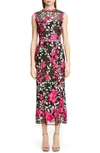 MARCHESA NOTTE FLORAL EMBROIDERED CROCHET MIDI SHEATH DRESS,N32G0952