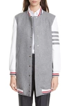 THOM BROWNE ELONGATED WOOL & LEATHER BOMBER JACKET,FOC538A-05507