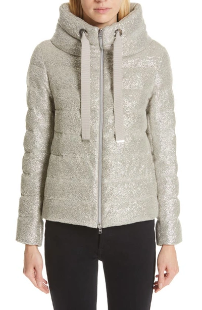 Herno Pleat Back Quilted Down Sparkle Knit Jacket In Silver