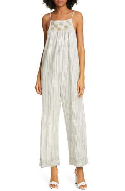 The Great The Tie Up Embroidered Jumpsuit In Navy Ticking Stripe