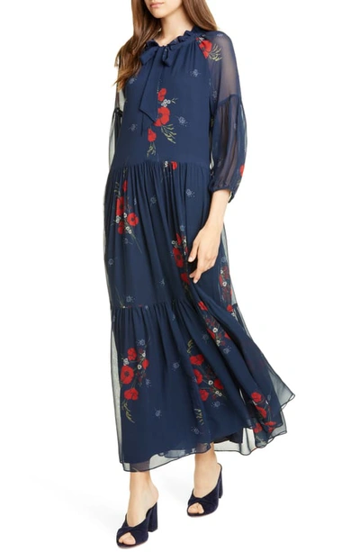Joie Saffrona Navy Floral-print Silk Dress In Midnight