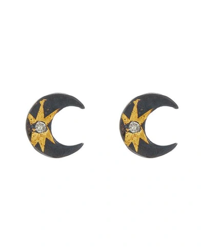 Acanthus Oxidised Silver Diamond Celestial Star Crescent Moon Stud Earrings