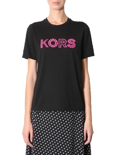 Michael Michael Kors T-shirt With Studded Logo In Black,pink
