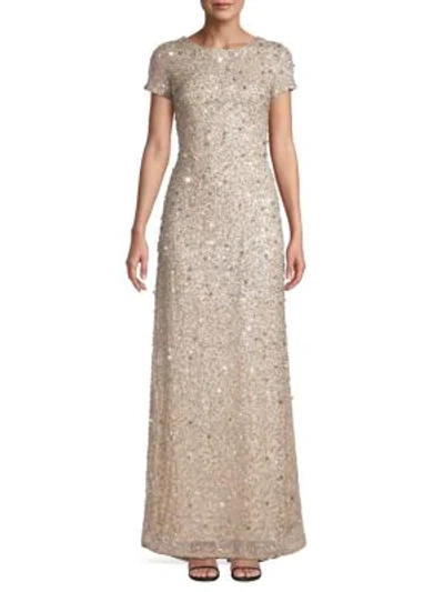 Adrianna Papell Beaded Column Gown In Champagne