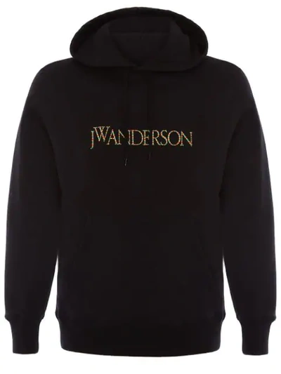 Jw Anderson Multicoloured Stitched Logo Hooded Jumper In Black