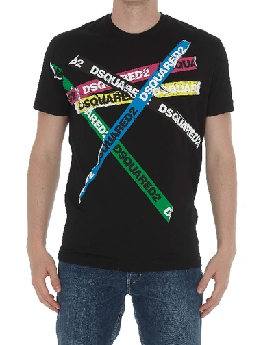 Dsquared2 Black Cotton Multicolor Bands T-shirt