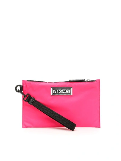 Versace 90s Vintage Logo Nylon Pouch In Pink,fuchsia,black