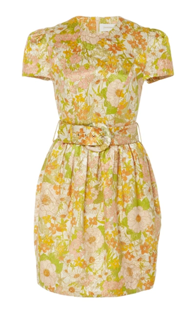 Zimmermann Super 8 Metallic Floral Brocade Belted Mini A-line Dress In Pink