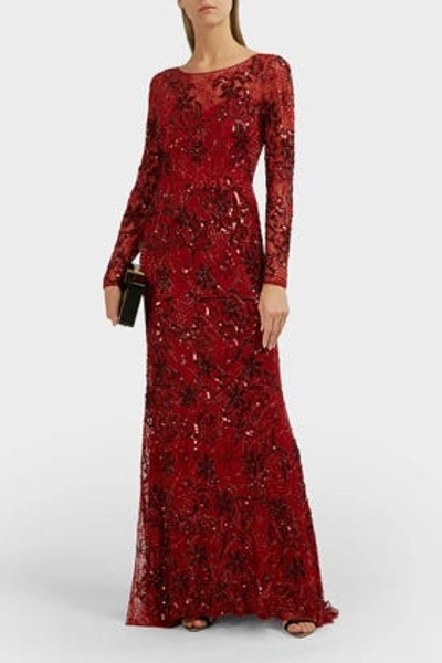Jenny Packham Elodie Floral Bead-embellished Gown, Uk10 In Red