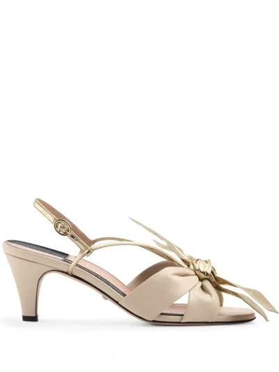 Gucci Leather Mid-heel Sandal With Bow In 9585 Bianco