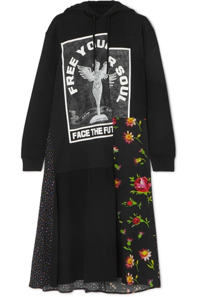 Mcq By Alexander Mcqueen Hooded Printed Cotton-jersey And Crepe Midi Dress In Black