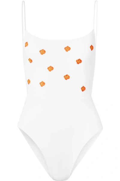 Anemone Poppies Embroidered Swimsuit In White