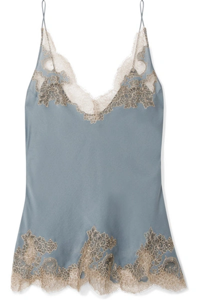 Carine Gilson Chantilly Lace-trimmed Silk-satin Camisole In Blue