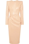 ALEX PERRY CORBET GATHERED SEQUINED CREPE MIDI DRESS