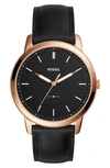 Fossil Men's The Minimalist Black Leather Strap Watch 44mm In Black/ Rose Gold