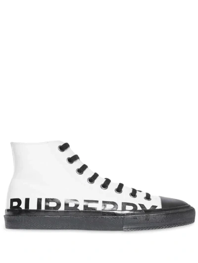 Burberry Logo Print Cotton Gabardine High-top Trainers In White