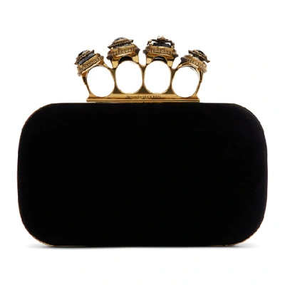 Alexander Mcqueen Jeweled Four-ring Velvet Clutch Bag In Black