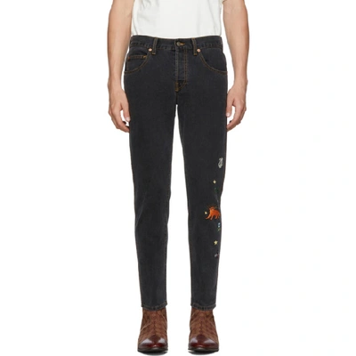 Gucci Embroidered Motif Slim-fit Jeans In Black