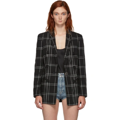 Alexander Wang Leather-trimmed Checked Woven Blazer In Blk/wht Windowpane