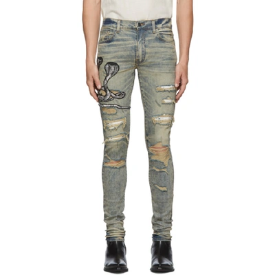 Amiri Mx1 Skinny-fit Appliquéd Faux Snake-panelled Distressed Stretch-denim Jeans In Dindrtindig